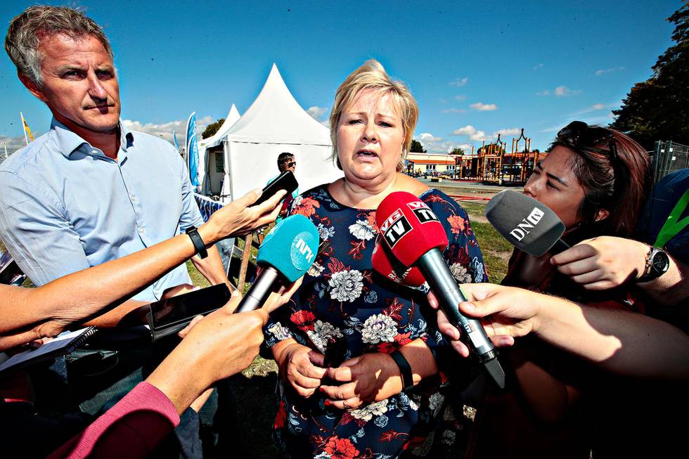 Oslo  20180801.Statsminister Erna Solberg sier Per Sandberg brøt reglene når han dro på ferie til Iran..Foto: Lise Åserud / NTB scanpix