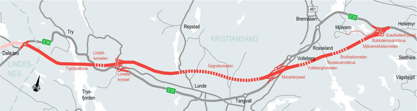 Strekningskart E39 Kristiansand - Mandal Ø