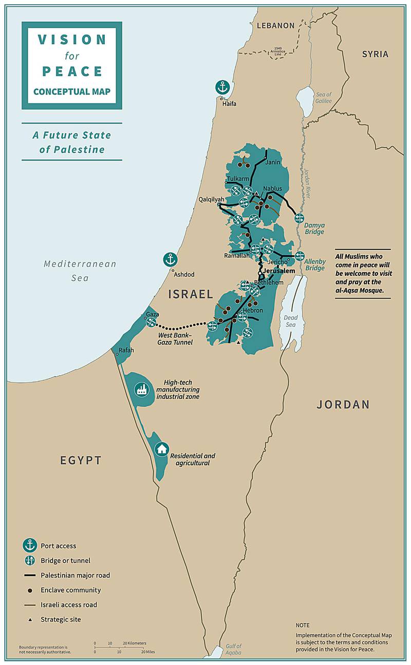 Slik presenterer USA det nye kartet med Israel ved siden av en framtidig palestinsk statsdannelse, i en fredsplan som er utarbeidet uten at palestinerne har deltatt.