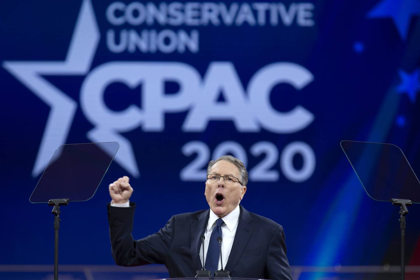 National Rifle Association Executive Vice President and CEO Wayne LaPierre speaks at Conservative Political Action Conference, CPAC 2020, at the National Harbor, in Oxon Hill, Md., Saturday, Feb. 29, 2020. (AP Photo/Jose Luis Magana)