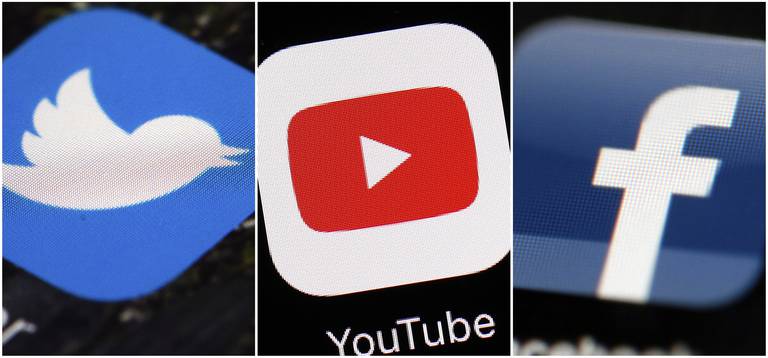 FILE - This combination of images shows logos for companies from left, Twitter, YouTube and Facebook. Russia's invasion of Ukraine is forcing big tech companies to decide how to handle state-controlled media outlets that spread propaganda and misinformation on behalf of the invaders. (AP Photo/File)