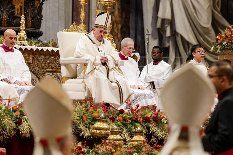 Pope Francis celebrates an Epiphany Mass in St. Peter's Basilica at the Vatican, Monday, Jan. 6, 2020. (AP Photo/Andrew Medichini)