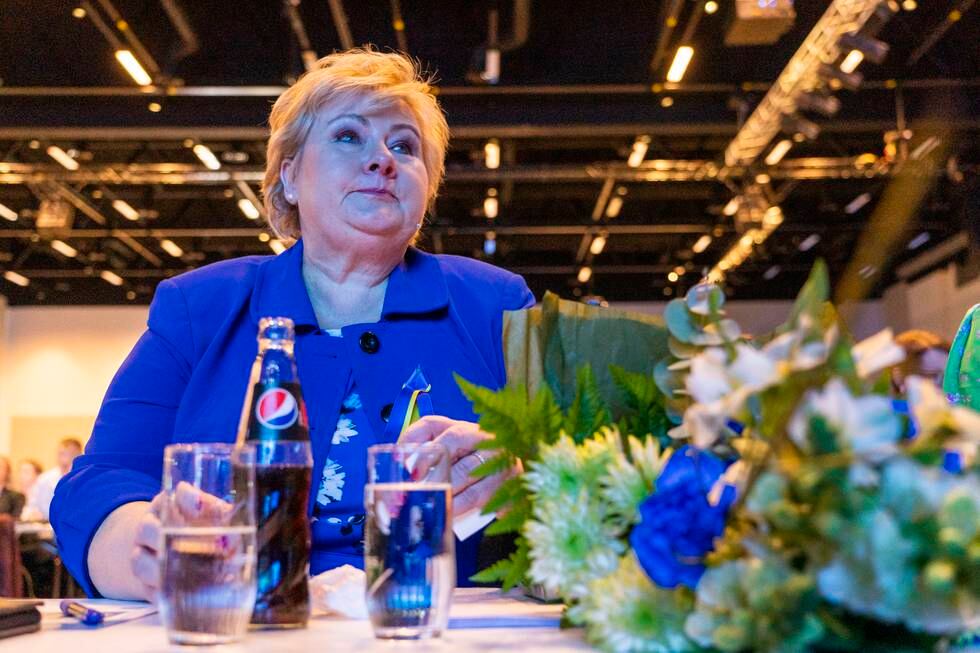 Partileder Erna Solberg under høyres landsmøte på Thon Hotel Gardermoen lørdag.
Foto: Terje Pedersen / NTB