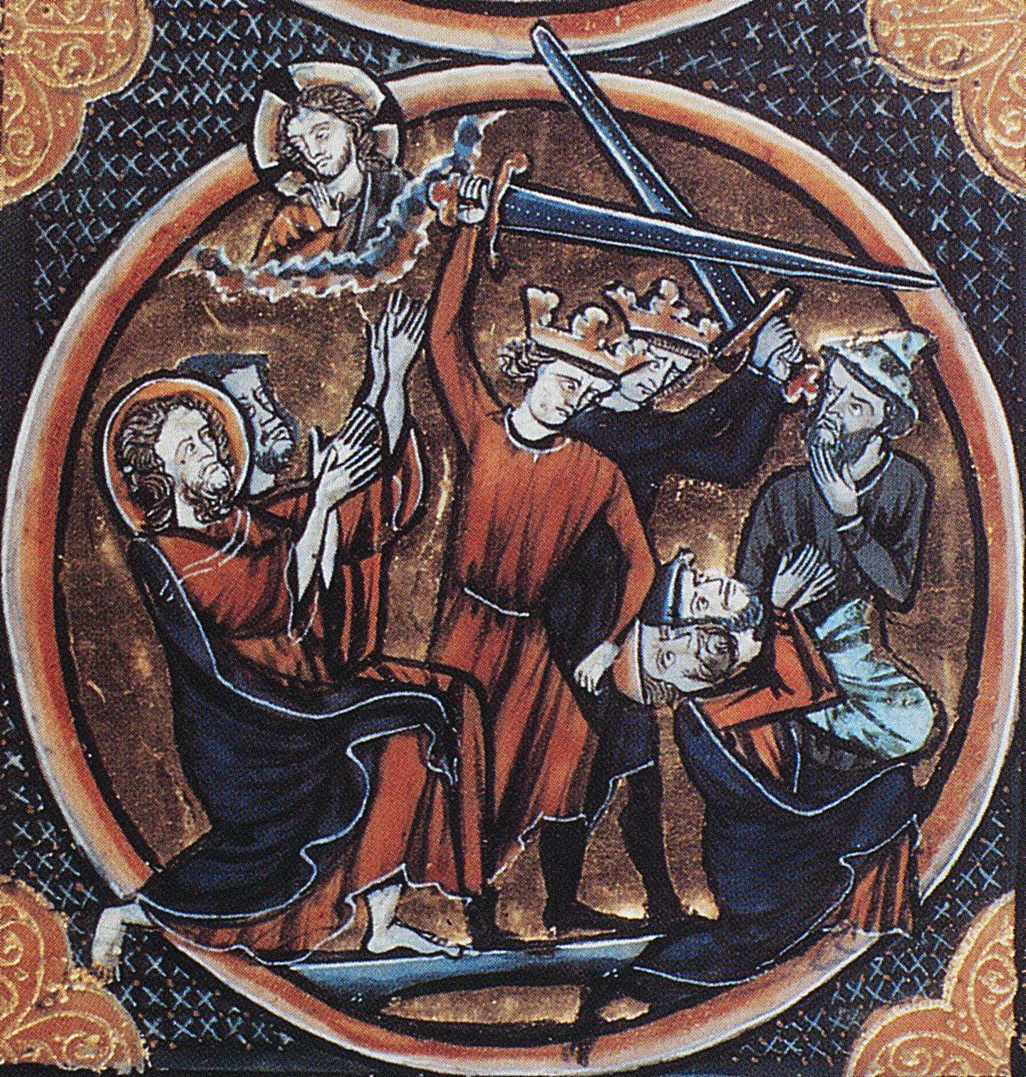 JEWS PERSECUTED, c1250. Two Jews, kneeling at right, about to be put to death by the sword as revenge for the death of Jesus, who looks on at top left. Manuscript illumination, c1250, from a French Bible.