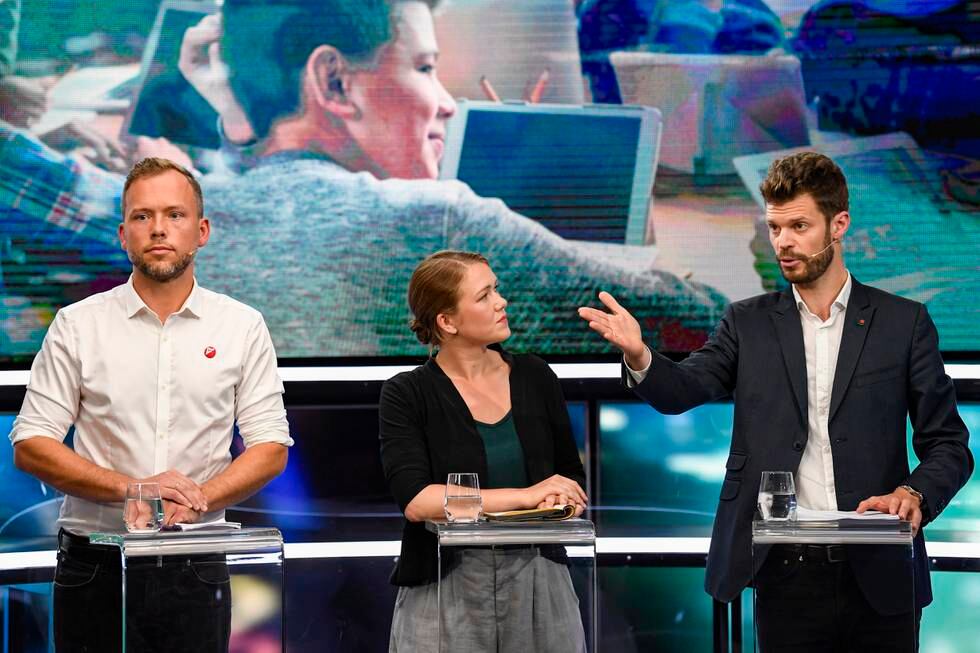 Audun Lysbakken (SV), Une Bastholm (MDG) og Bjørnar Moxnes (Rødt) har grunn til å være tilfreds med den siste Oslo-målingen. Foto: Marit Hommedal / NTB
