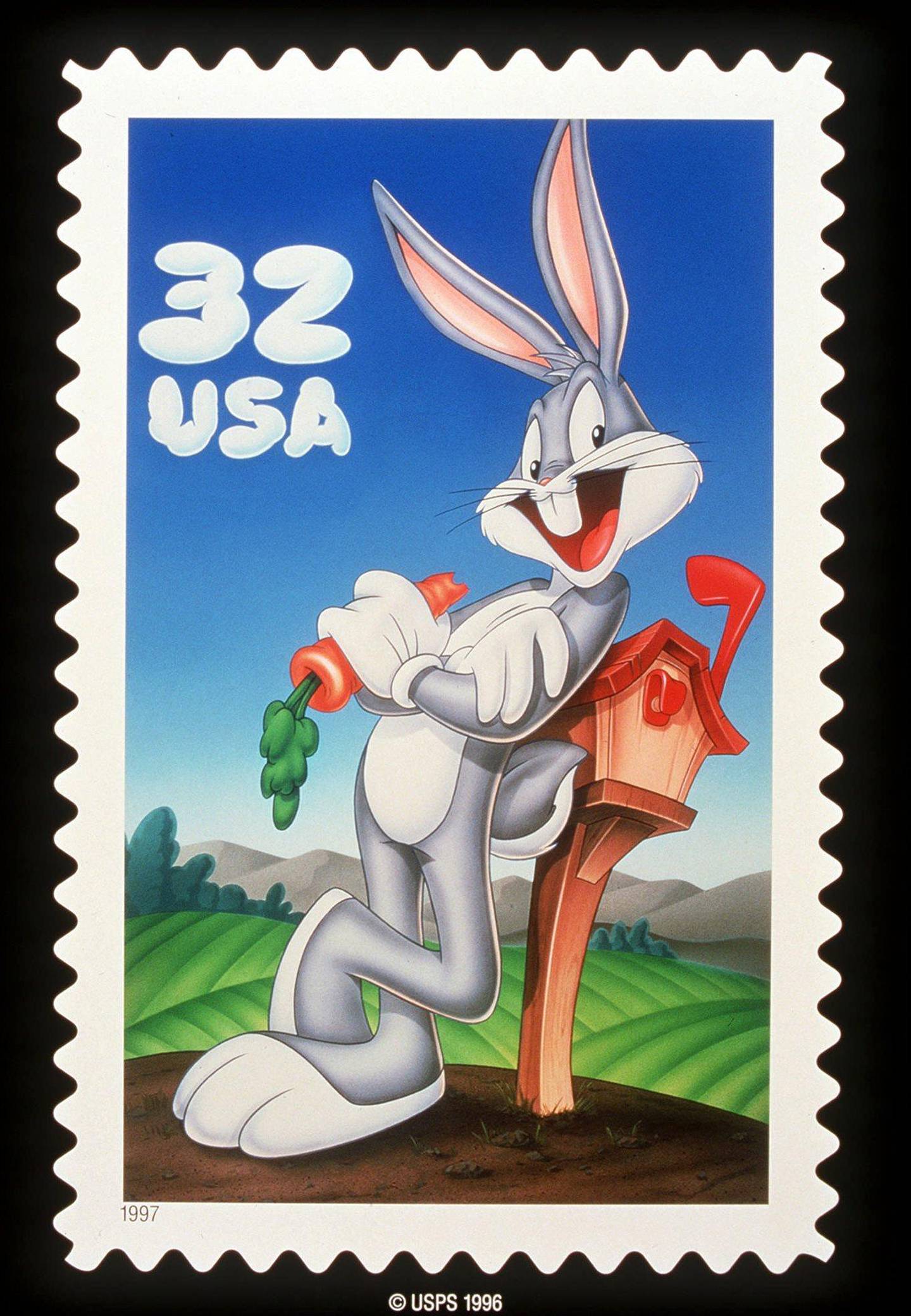 
"What's Up Doc?"  The United States Postal Service is scheduled to dedicate its new Bugs Bunny stamp on the Warner Bros. lot in Burbank, Calif., on Thursday, May 22, 1997.  Bugs Bunny is the first animated character to appear on a U.S. postage stamp. (AP Photo/U.S. Postal Service)