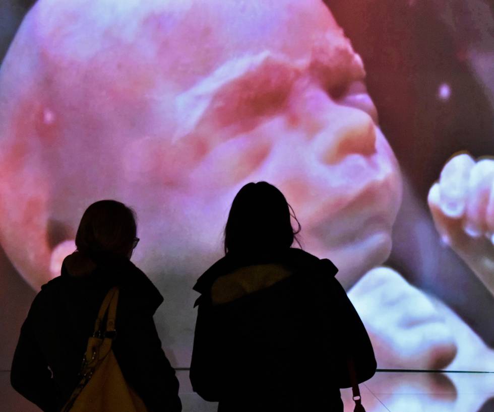 Two women watching a video installation showing a human embryo at the new exhibition "wonders of nature" at the Gasometer in Oberhausen, Germany, Saturday, March 12, 2016. Europe's largest disc-type gas holder built in the late 20's became a regional landmark and impressive 95 meter high exhibition hall. (AP Photo/Martin Meissner)