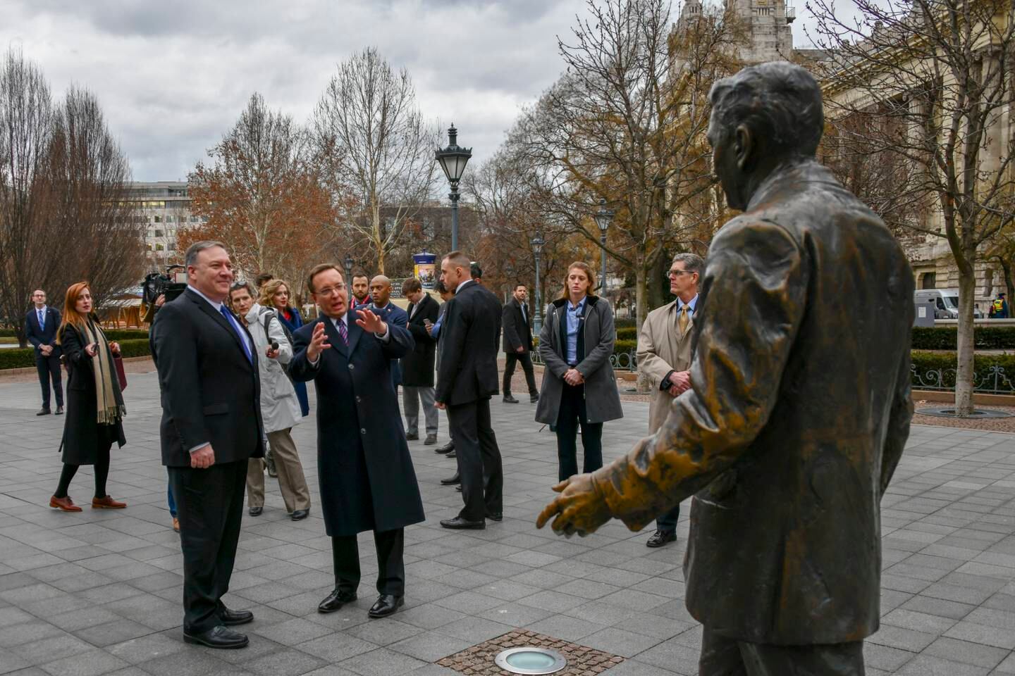 U.S. Secretary of State Michael R. Pompeo visits the Ronald Reagan Statue in Budapest, Hungary on February 11, 2019.[State Department photo by Ron Przysucha/ Public Domain]