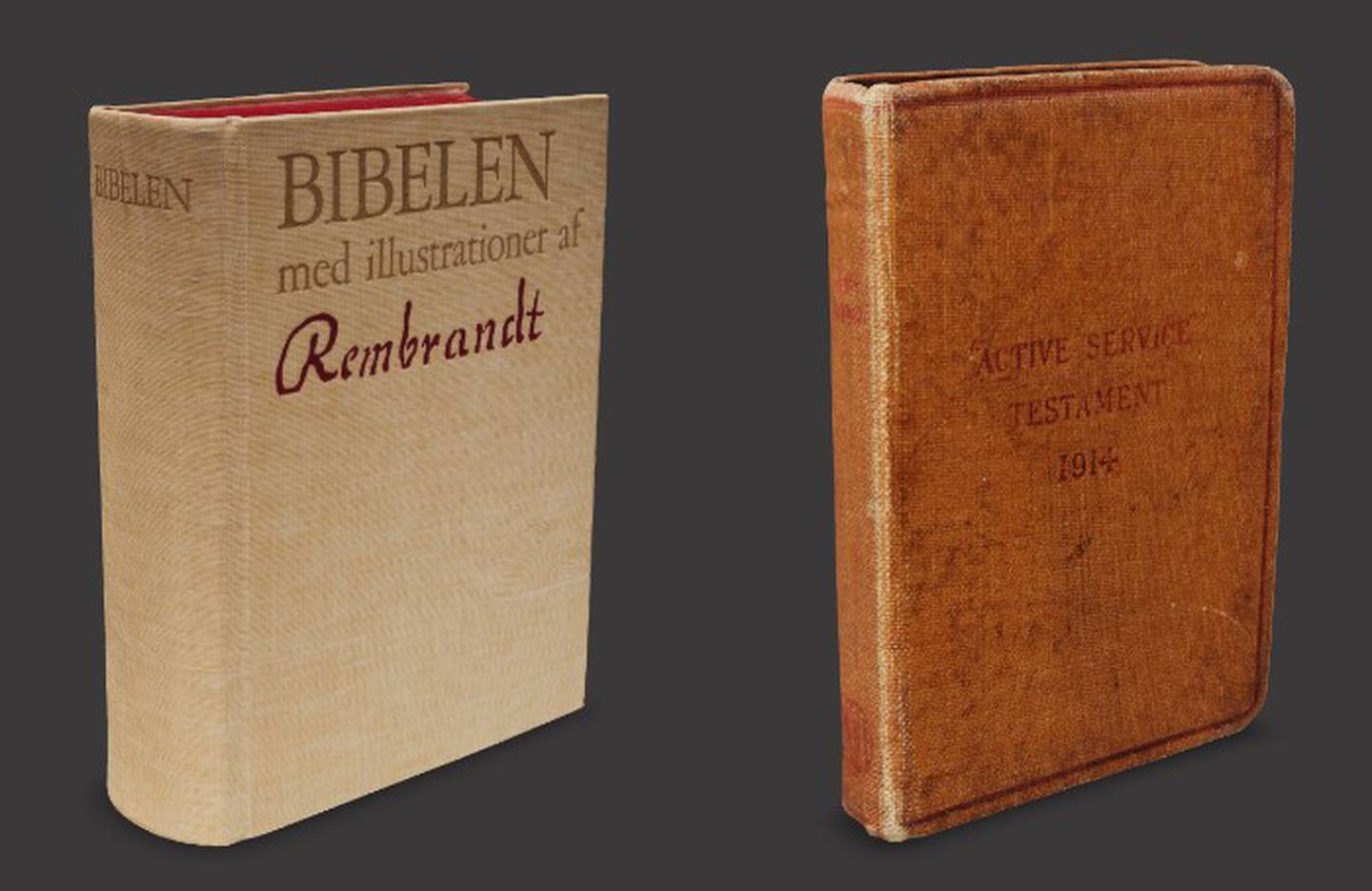 KRYPTOBIBLER: En Rembrandt-bibel og en soldatbibel fra første verdenskrig er blant NFT-biblene Nordisk bibelmuseum nå selger.