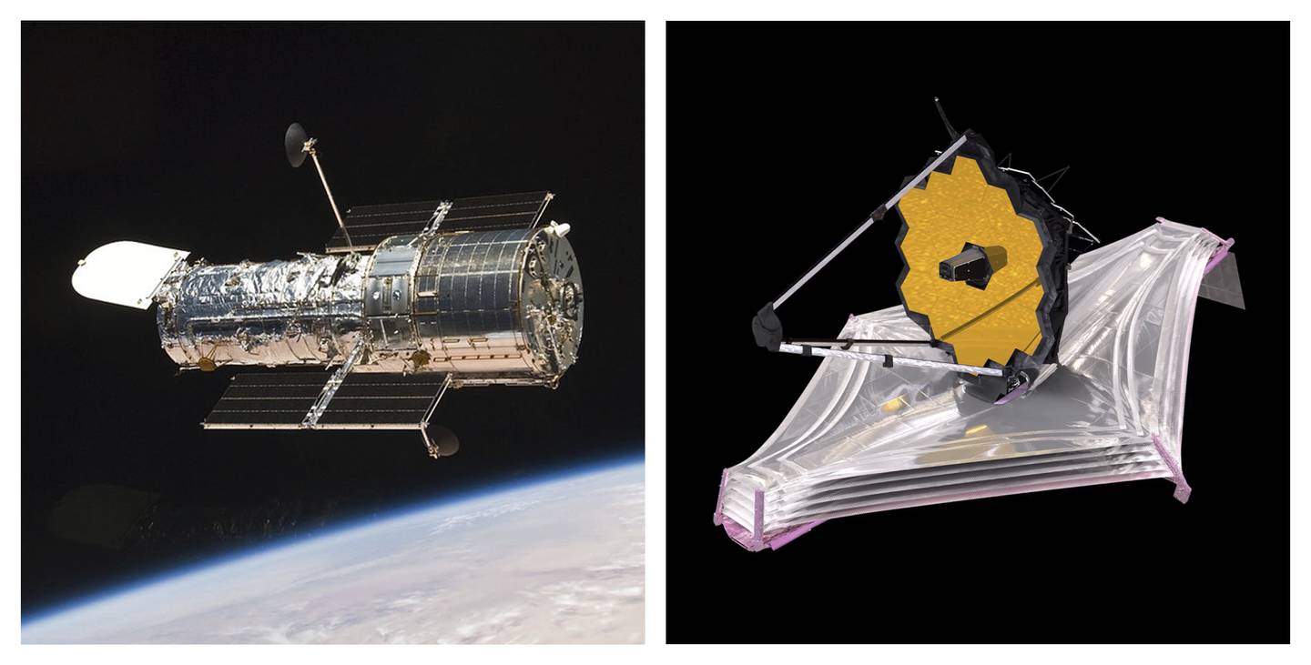 Kombinasjonsfoto fra Nasa som viser Hubble-teleskopet i bane rundt jorda (til venstre), og en illustrasjon av James Webb-romteleskopet til høyre. Foto: Nasa via AP / NTB