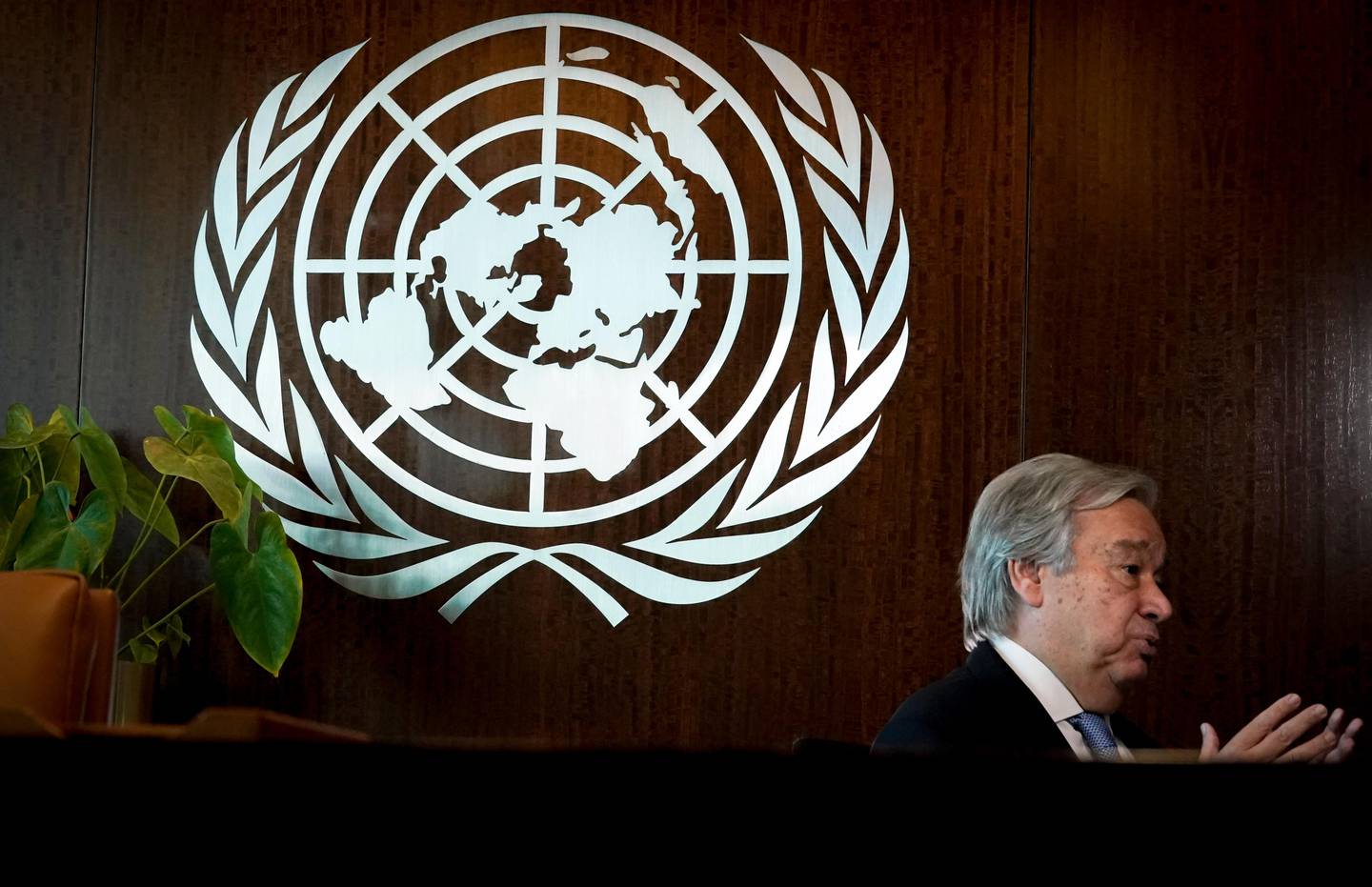 United Nations Secretary-General António Guterres speaks during an interview, Wednesday Oct. 21, 2020, at U.N. headquarters. (AP Photo/Bebeto Matthews)