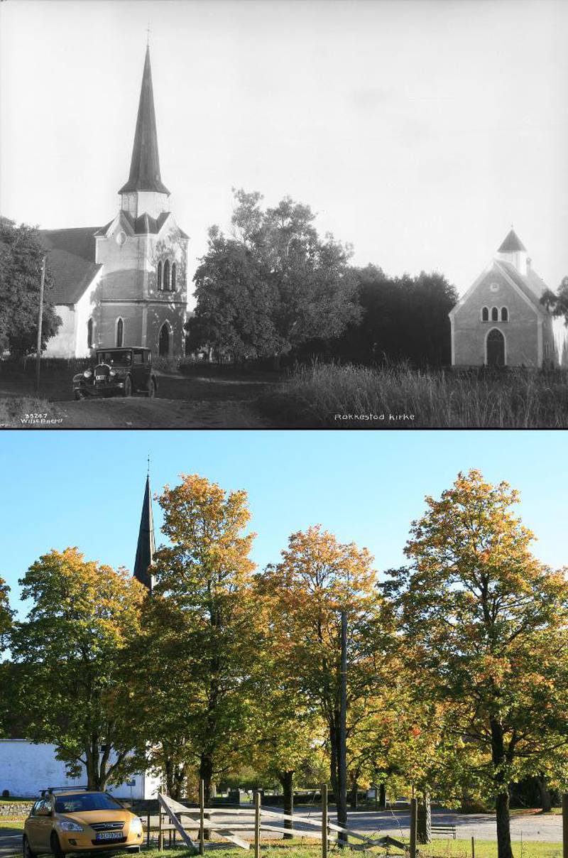 RAKKESTAD KIRKE 1928-2007:Rakkestad kirke er over 800 år gammel. Kirker skulle trone som et hellig landemerke. I jordbruksbygder lå den ofte omkranset av åpen mark. Ved at det ble plantet trær for å avskjerme selve kirkegårdsmiljøet, ble kirkene mindre synlige i landskapet utover 1900-tallet. Det medførte at deres betydning som både estetisk og religiøst blikkfang mange steder er kraftig redusert. 