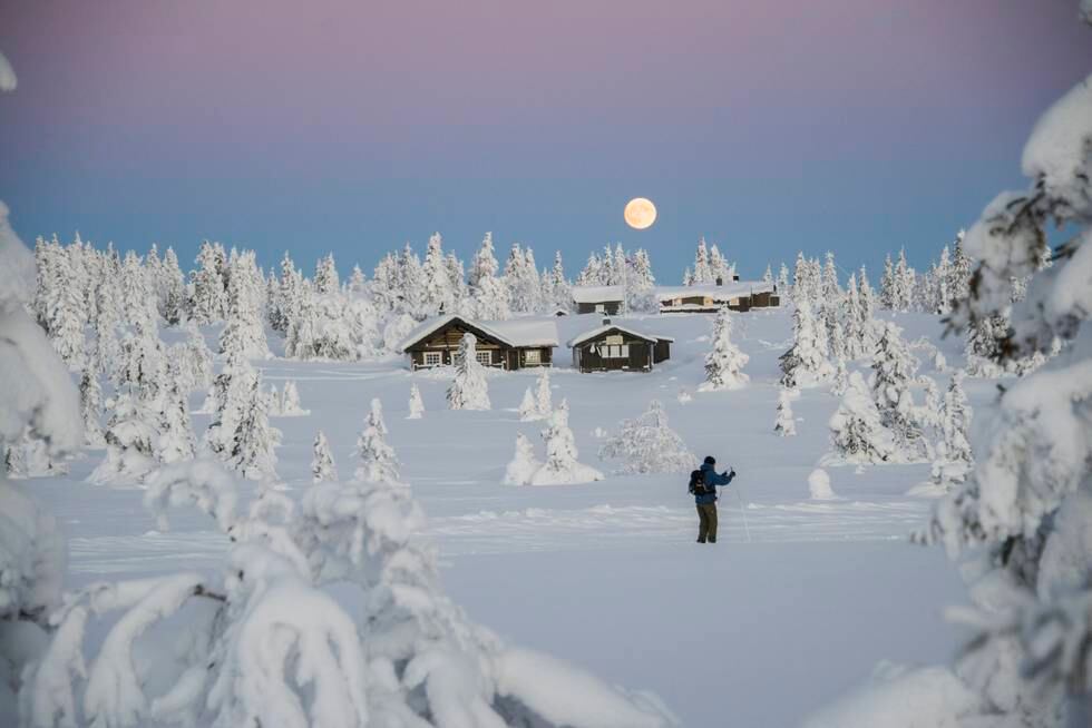 SJUSJØEN  20121227.
Skiløper ved hytte i vakkert vinterlandskap i solnedgang på Sjusjøen. 
Foto: Berit Roald / NTB