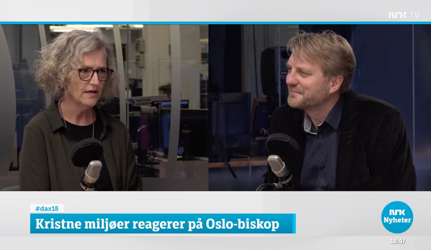 Oslo-biskop Kari Veiteberg i debatt med Espen Ottosen, informasjonsleder i Misjonssambandet, på Dagsnytt 18, 23. oktober.