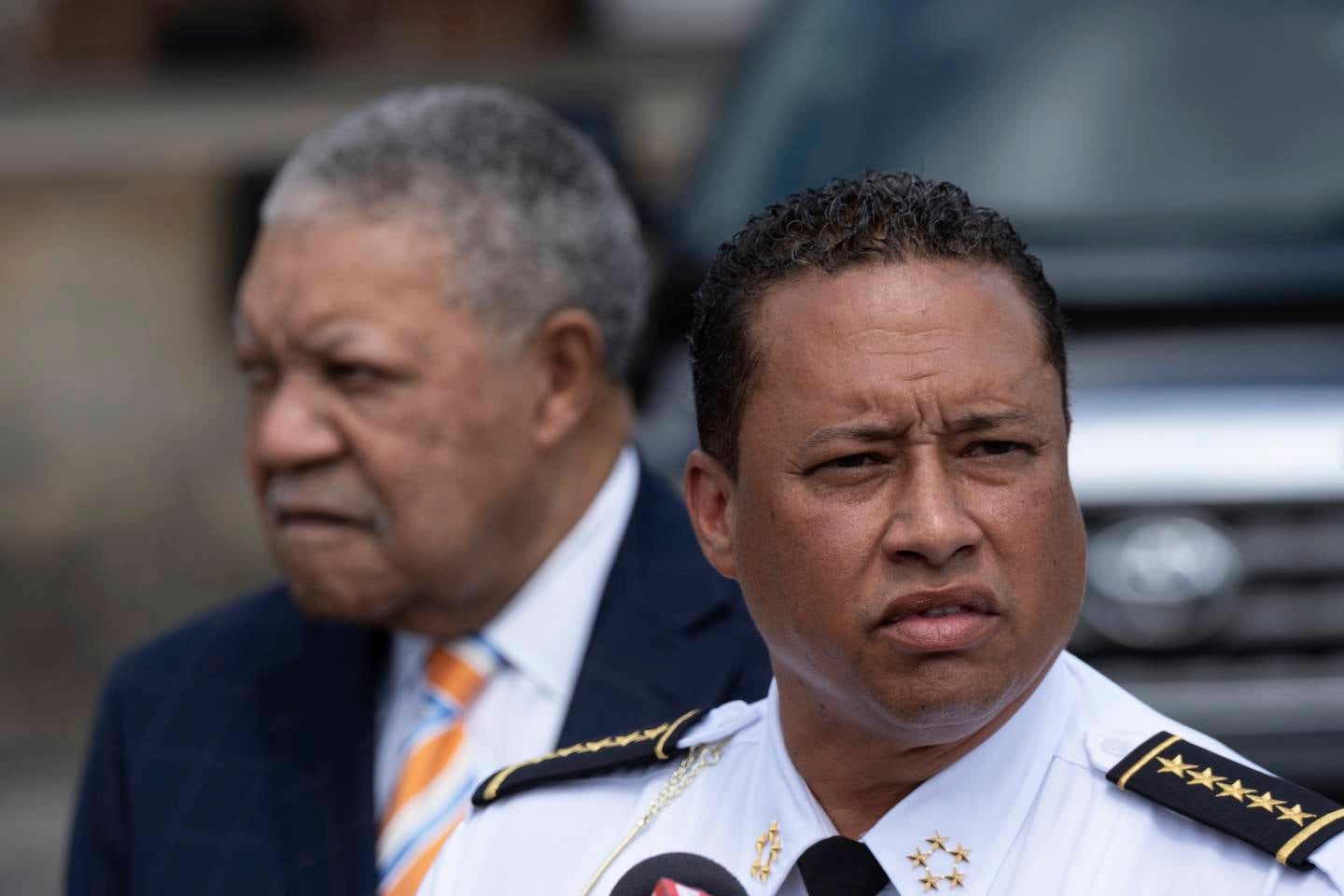 Fulton County Sheriff Patrick Labat, center, speaks to the media Tuesday afternoon, June 1, 2021 in Atlanta. (AP Photo/Ben Gray)
