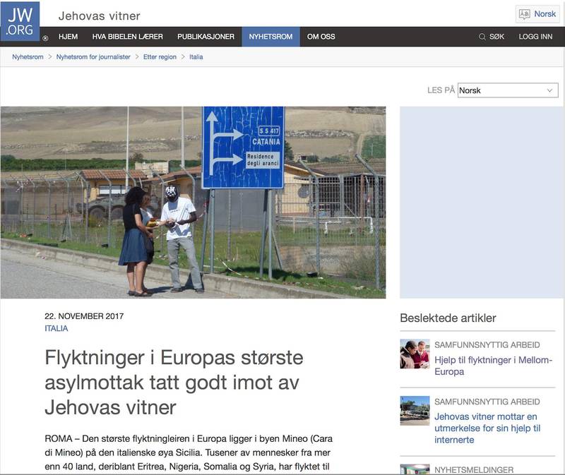 På hjemmesiden til Jehovas vitner forteller de at de forkynner på italienske asylmottak.