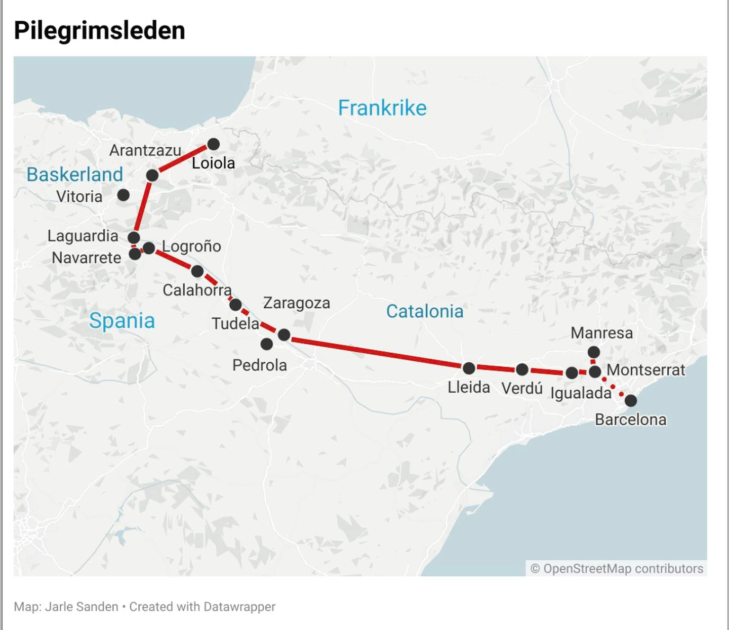 Kart over pilegrimsruten Camino Ignaciano