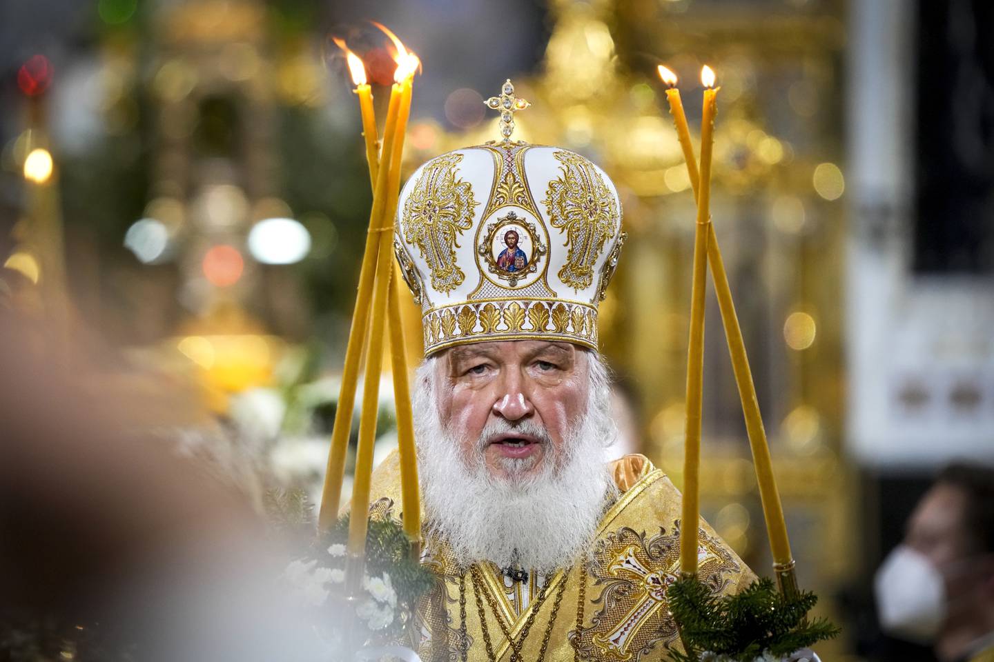 FILE - Russian Orthodox Patriarch Kirill delivers the Christmas Liturgy in the Christ the Saviour Cathedral in Moscow, Russia, Thursday, Jan. 6, 2022. (AP Photo/Alexander Zemlianichenko)