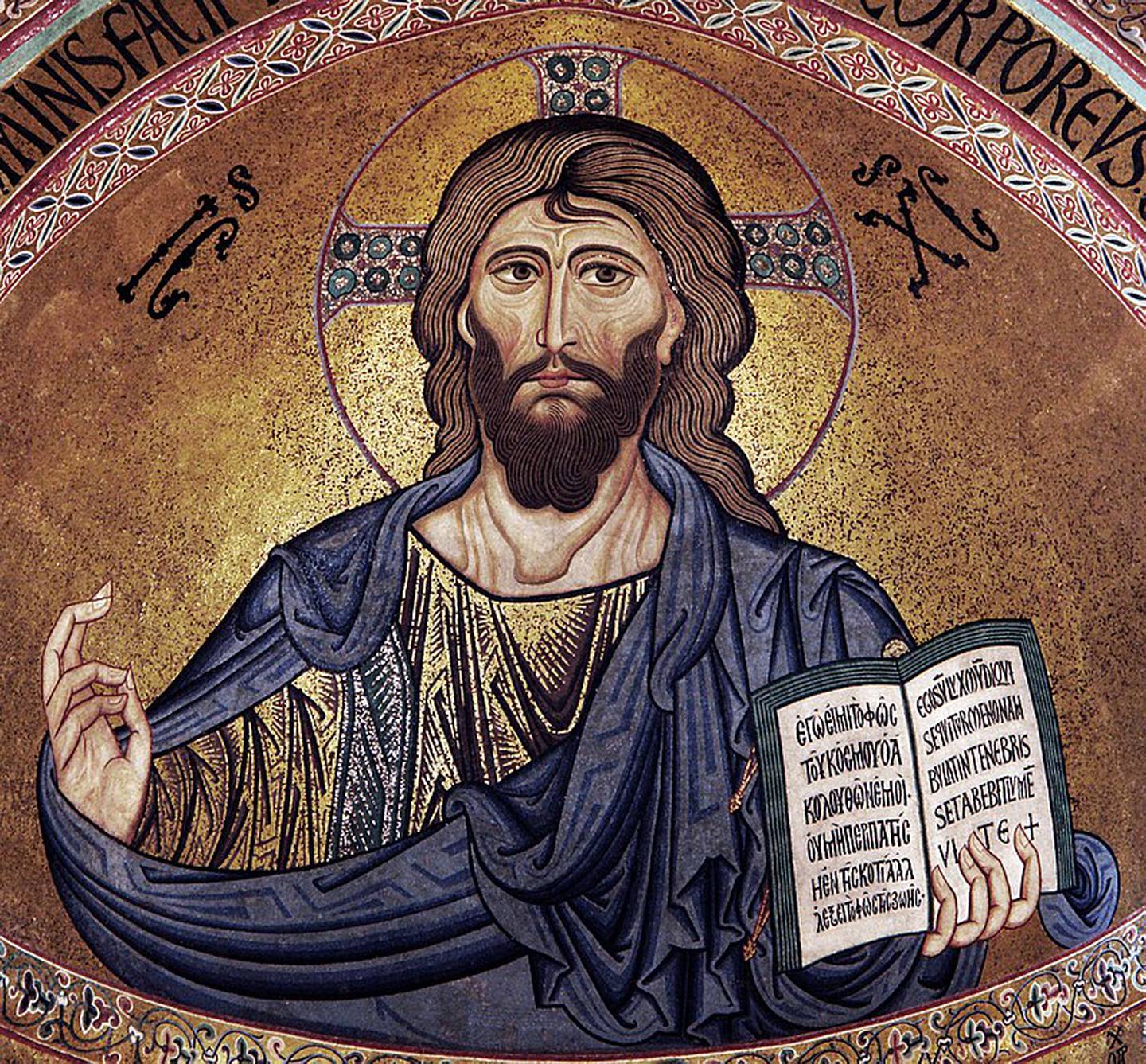 Kristus Pantokrator-mosaikk i bysantinsk stil, i Cefalù-katedralen på Sicilia, ca. 1130