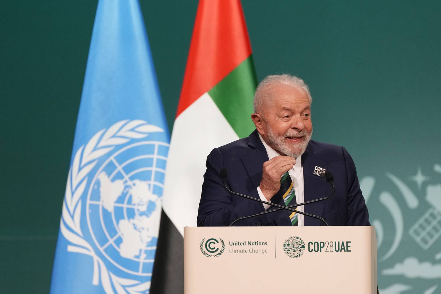 Brazil President Luiz Inacio Lula da Silva speaks during a plenary session at the COP28 U.N. Climate Summit, Friday, Dec. 1, 2023, in Dubai, United Arab Emirates. (AP Photo/Peter Dejong)