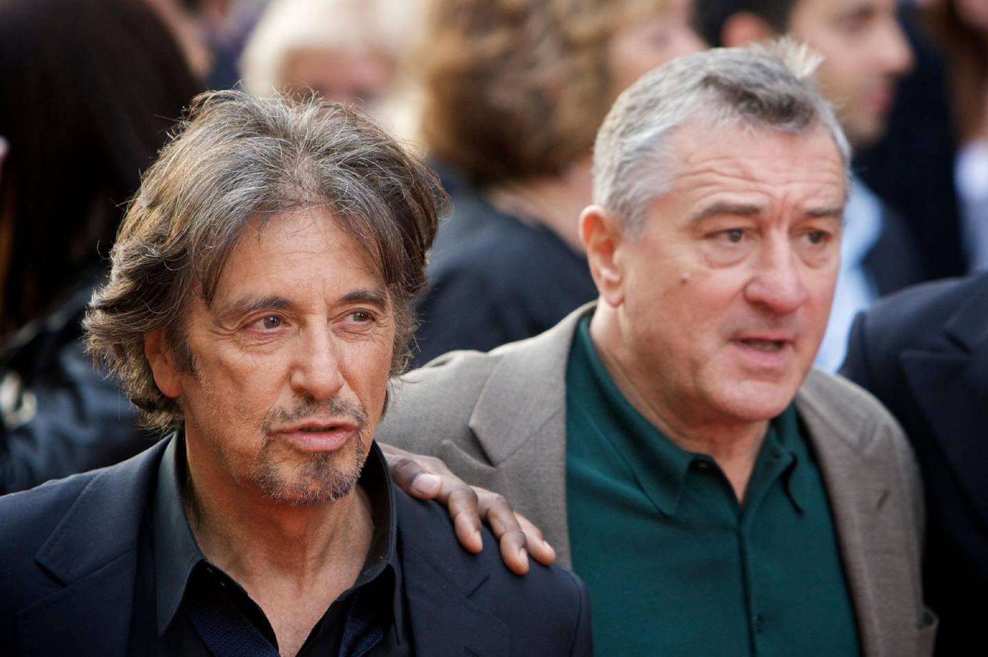 U.S. actors, from left, Al Pacino and Robert De Niro arrive for the British premiere of their latest movie "Righteous Kill", at a cinema in central London Sunday, Sept. 14, 2008. (AP Photo/Edmond Terakopian)