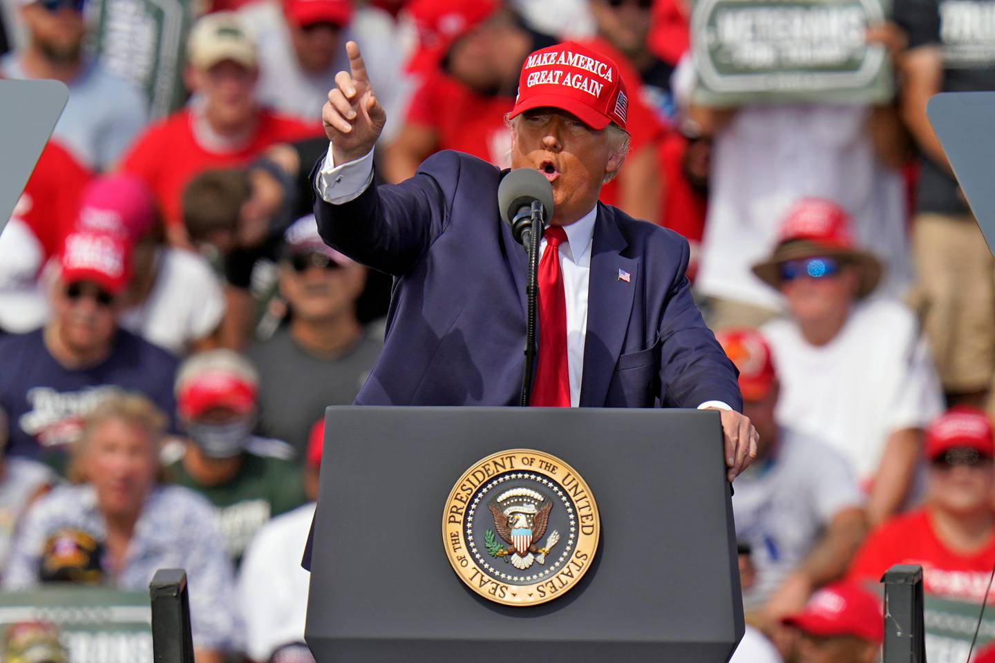 President Donald Trump gestures during a campaign rally Thursday, Oct. 29, 2020, in Tampa, Fla. (AP Photo/Chris O'Meara)