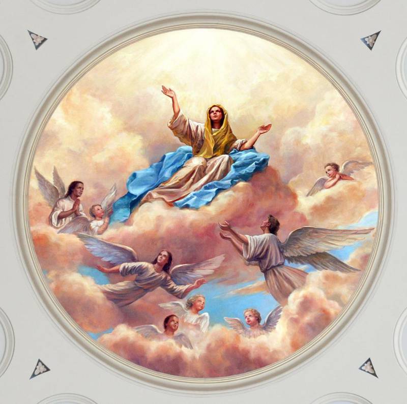 Et maleri som skal forestille jomfru Marias nåde pryder en av de tre kuplene i Jomfru Maria-basilisken, som opprinnelig åpnet i 1821, i Baltimore i delstaten Maryland i USA. Foto: AP