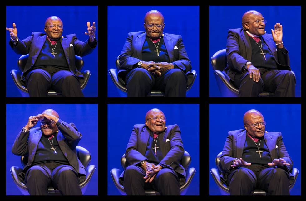 Fotomontasje av erkebiskop Desmond Tutu fra hans besøk i Norge i 2014. Søndag kveld vil det bli en holdt en takkegudstjeneste for den markante sørafrikanske religiøse lederen i Oslo domkirke. Foto: Berit Roald / NTB