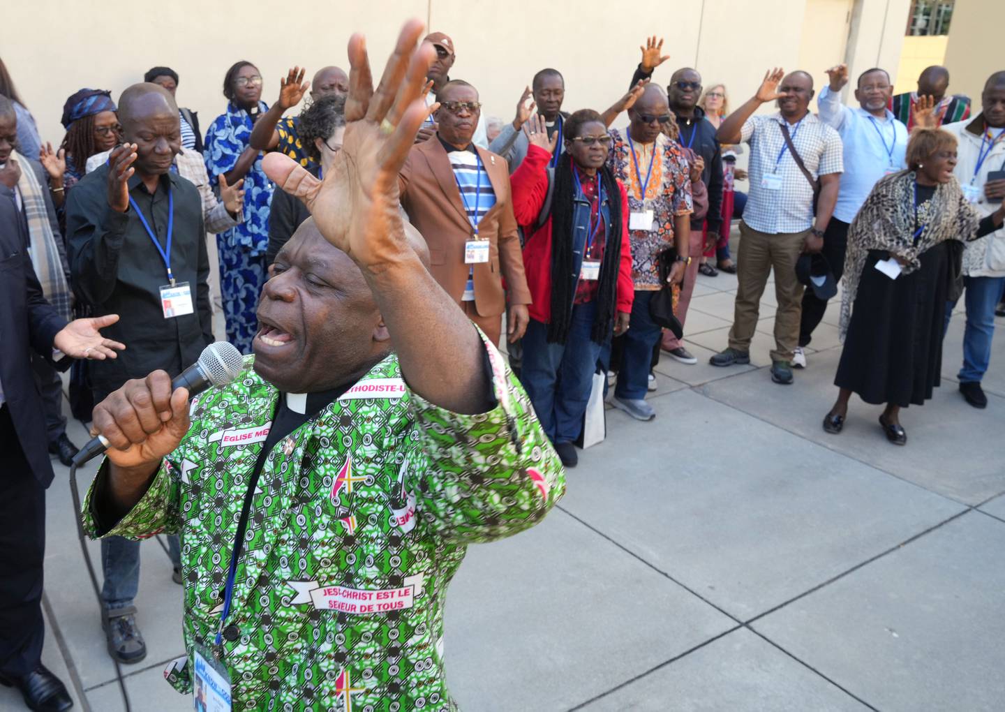 Jerry Kulah, Liberia, leads a rally in support of traditional views of marriage and sexuality outsided the 2024 United Methodist General Conference in Charlotte, N.C. Thursday May 2, 2024.