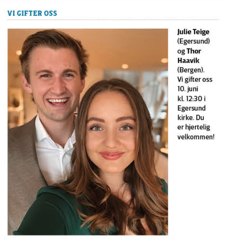 FAKSIMILE: I bryllupsannonsen til Thor Haavik inviteres samtlige lesere. Fra Vårt Land 8. juni.