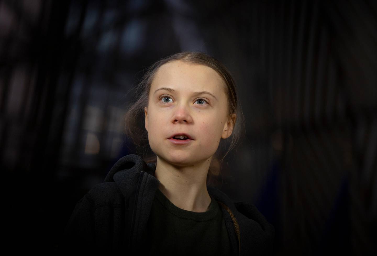 Swedish climate activist Greta Thunberg speaks with the media as she arrives for a meeting of the Environment Council at the European Council building in Brussels, Thursday, March 5, 2020. (AP Photo/Virginia Mayo)