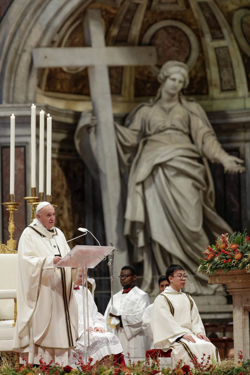 Pope Francis delivers his speech as he celebrates an Epiphany Mass in St. Peter's Basilica at the Vatican, Monday, Jan. 6, 2020. (AP Photo/Andrew Medichini)