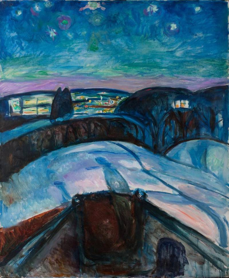 Det er noe ­idyllisk og skremmende ved Edvard­ Munchs Stjernenatt – den store himmelen som alltid har fått mennesket til å stille spørsmål. Munch kjenner den med kroppen.