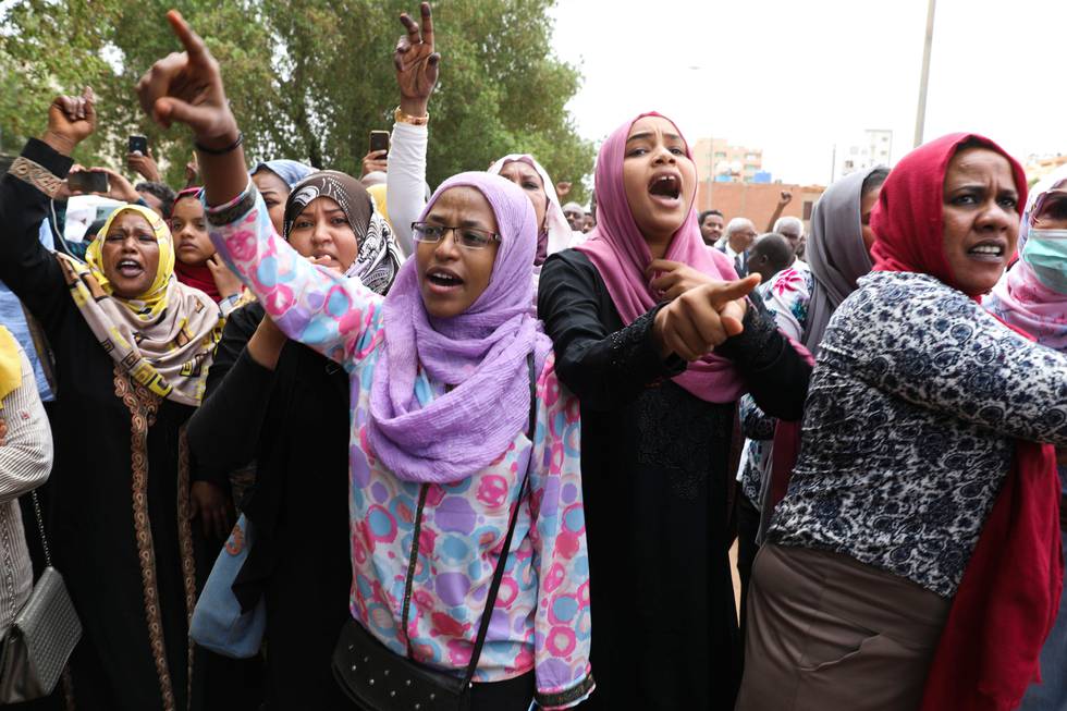 Women rally in support of former Sudan's ousted president Omar al-Bashir during his trial outside a courthouse in Khartoum, Sudan, Tuesday, Sept. 15, 2020. (AP Photo/Marwan Ali)