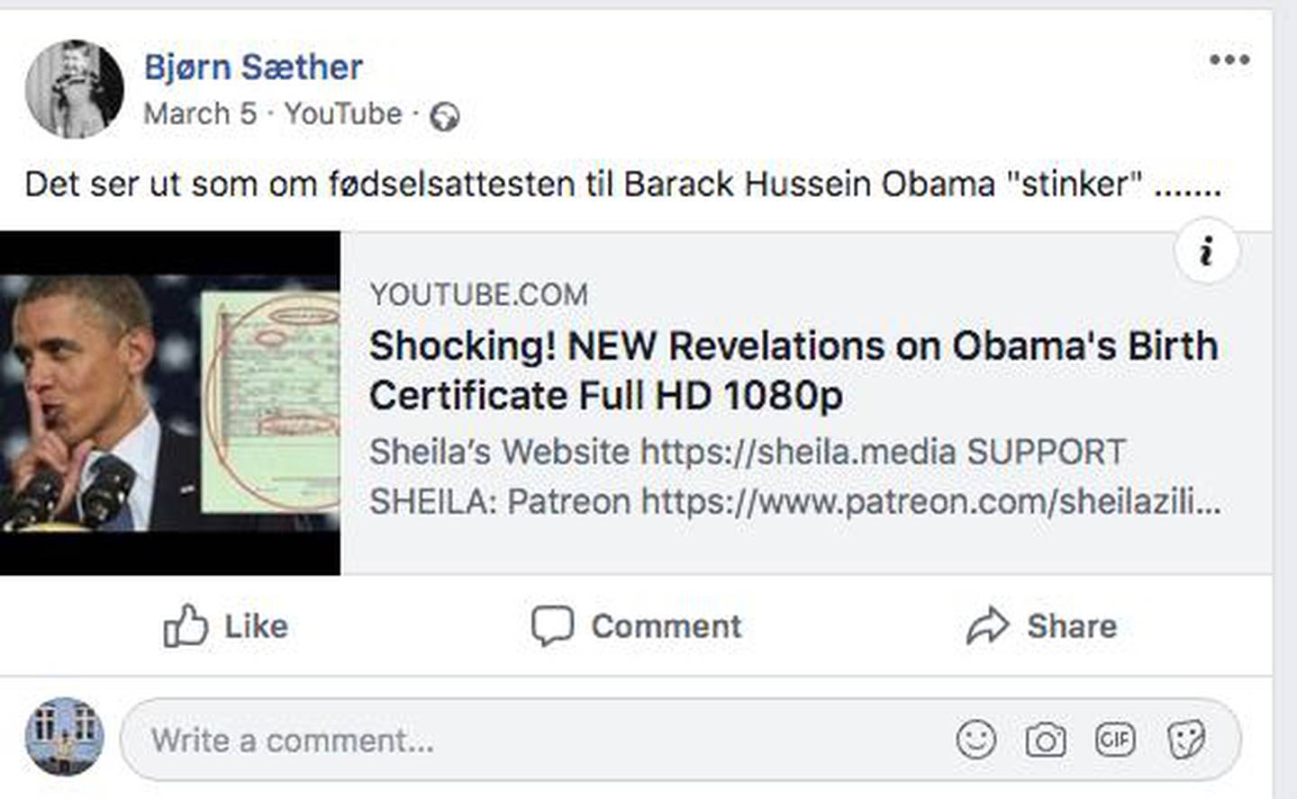 Den 5. mars la Bjørn Sæther ut en video med kommentaren «Det ser ut som om fødselsattesten til Barack Hussein Obama "Stinker"». Sæther sier han nå vil slette innlegget.