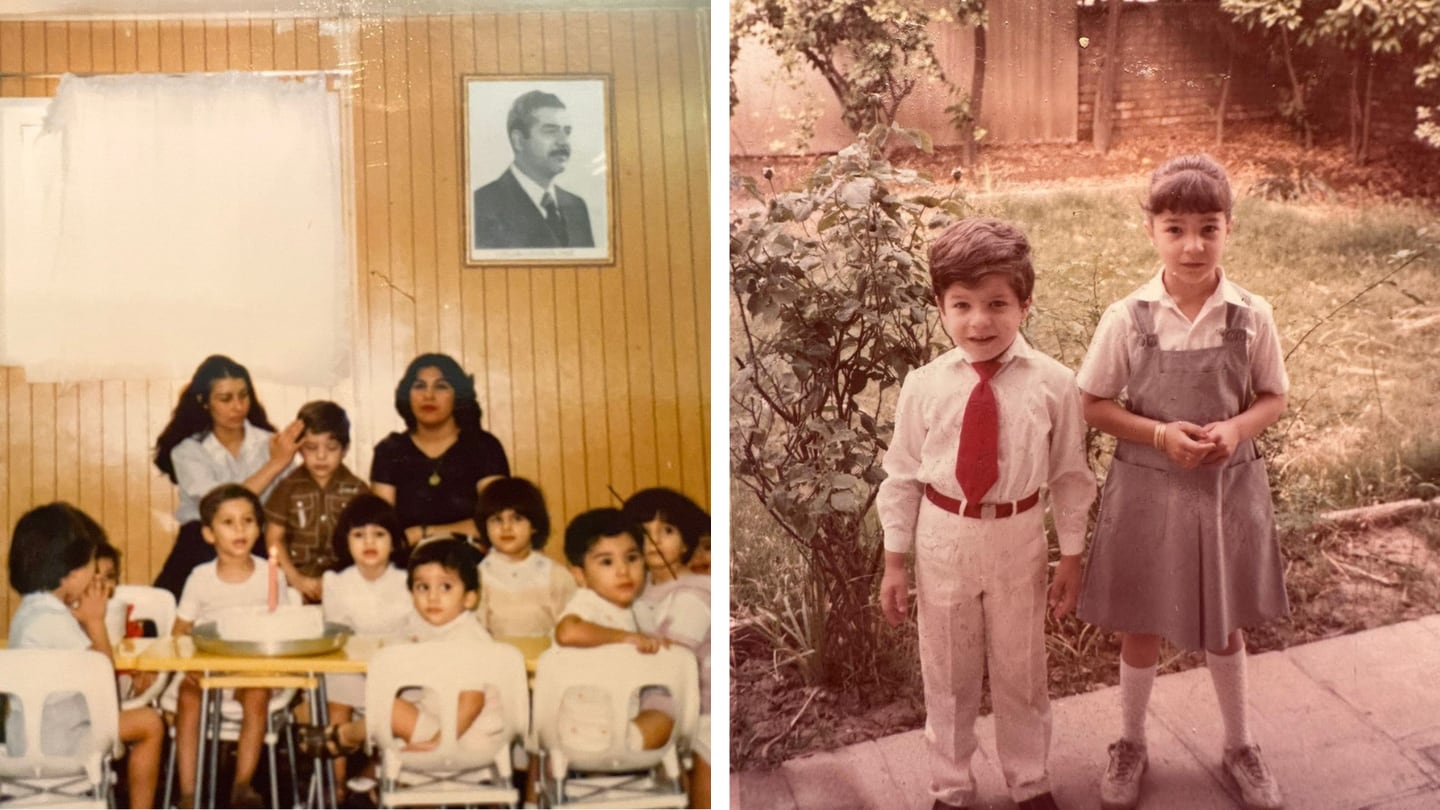 Omar feirer 4-årsdag i barnehagen, med det obligatoriske portrettet av Saddam hengende på veggen. Til høyre: Omar og storesøster Esma hjemme ved huset i Bagdad.
