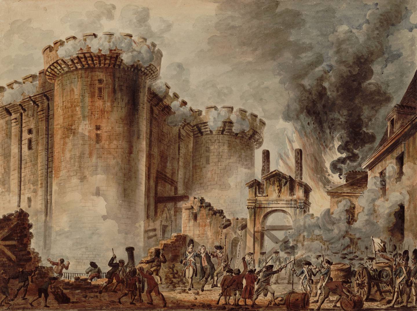 I Bastillen satt folk som hadde blitt fengslet uten rettergang. Dramaet som utspilte seg da fengselet ble stormet i 1789 er gjengitt av Jean-Pierre Houël  (1735–1813)