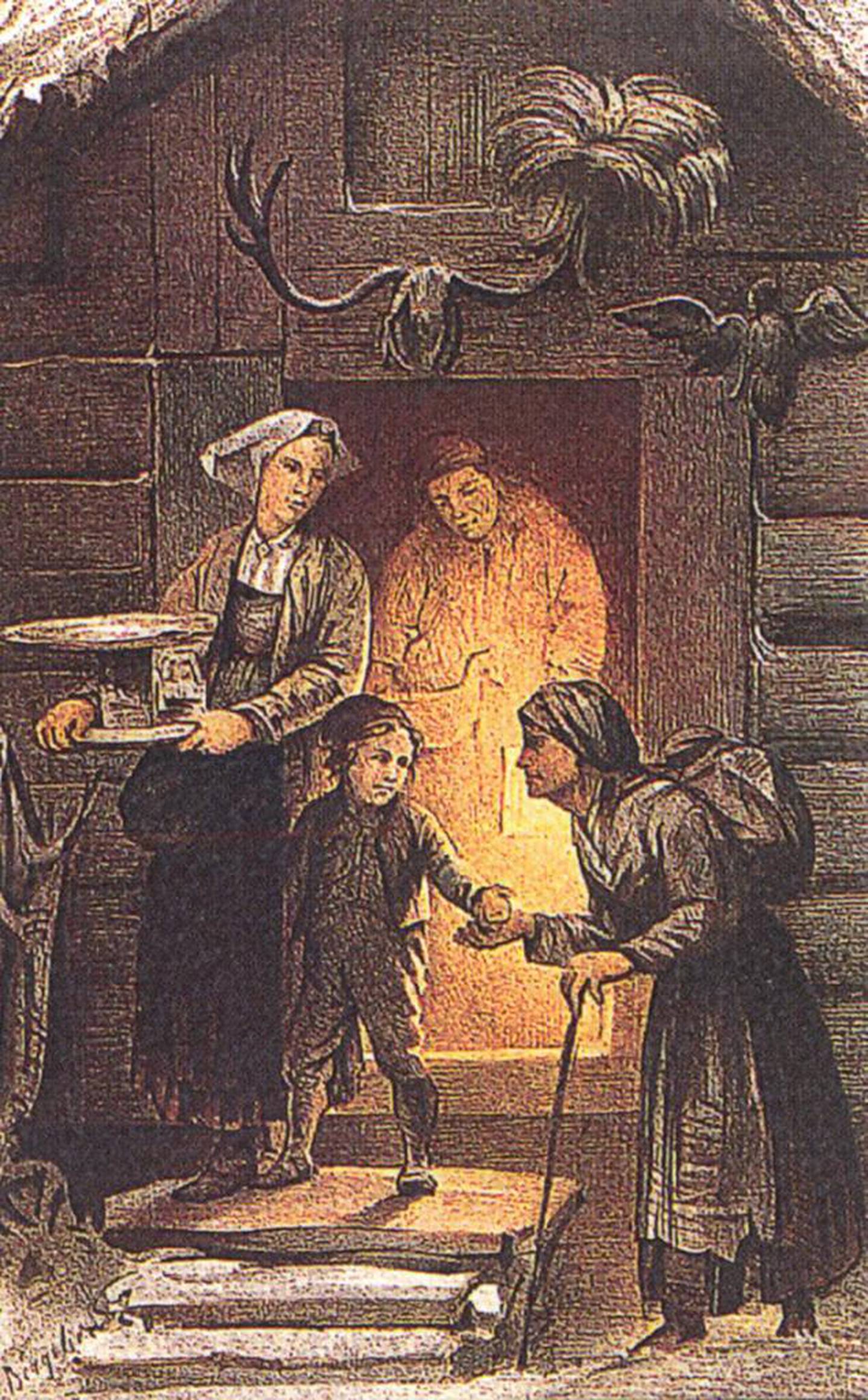 Fattig jul – farge­tegning av Knud Bergslien fra sent 1800-tall. Fattigfolk fikk noe ekstra godt i hånden, når de kom på døren i julen. Lot man være å gi, bar man julen ut og tok velsignelsen fra huset.