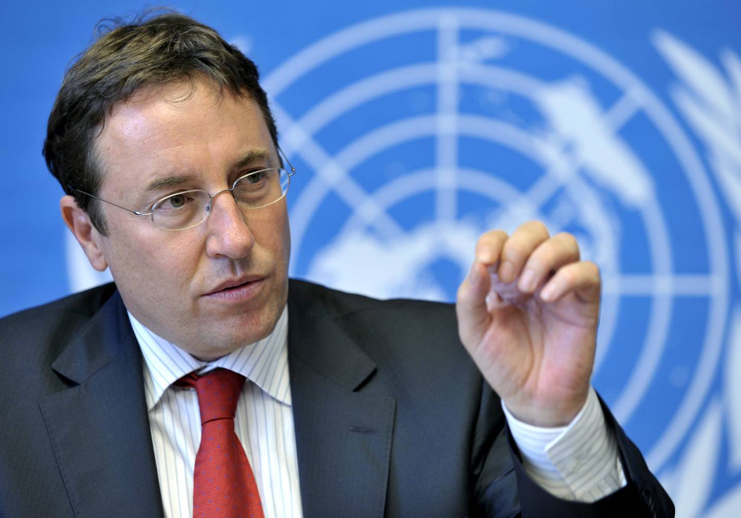 German Achim Steiner, Under-Secretary General and Executive Director of the UN Environment Programme (UNEP),  speaks during a press briefing about chemicals and Organic Pollutants, at the United Nations building in Geneva, Switzerland, Friday, May 8, 2009. (AP Photo/Keystone, Martial Trezzini)