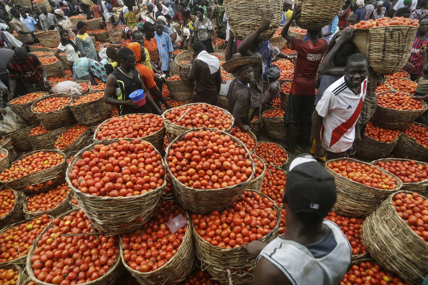 In this photo taken on Friday, April 17, 2020, people buy tomatoes from a vegetable market in the commercial capital Lagos, Nigeria. Lockdowns in Africa limiting the movement of people in an attempt to slow the spread of the coronavirus are threatening to choke off supplies of what the continent needs the most - food. (AP Photo/Sunday Alamba)