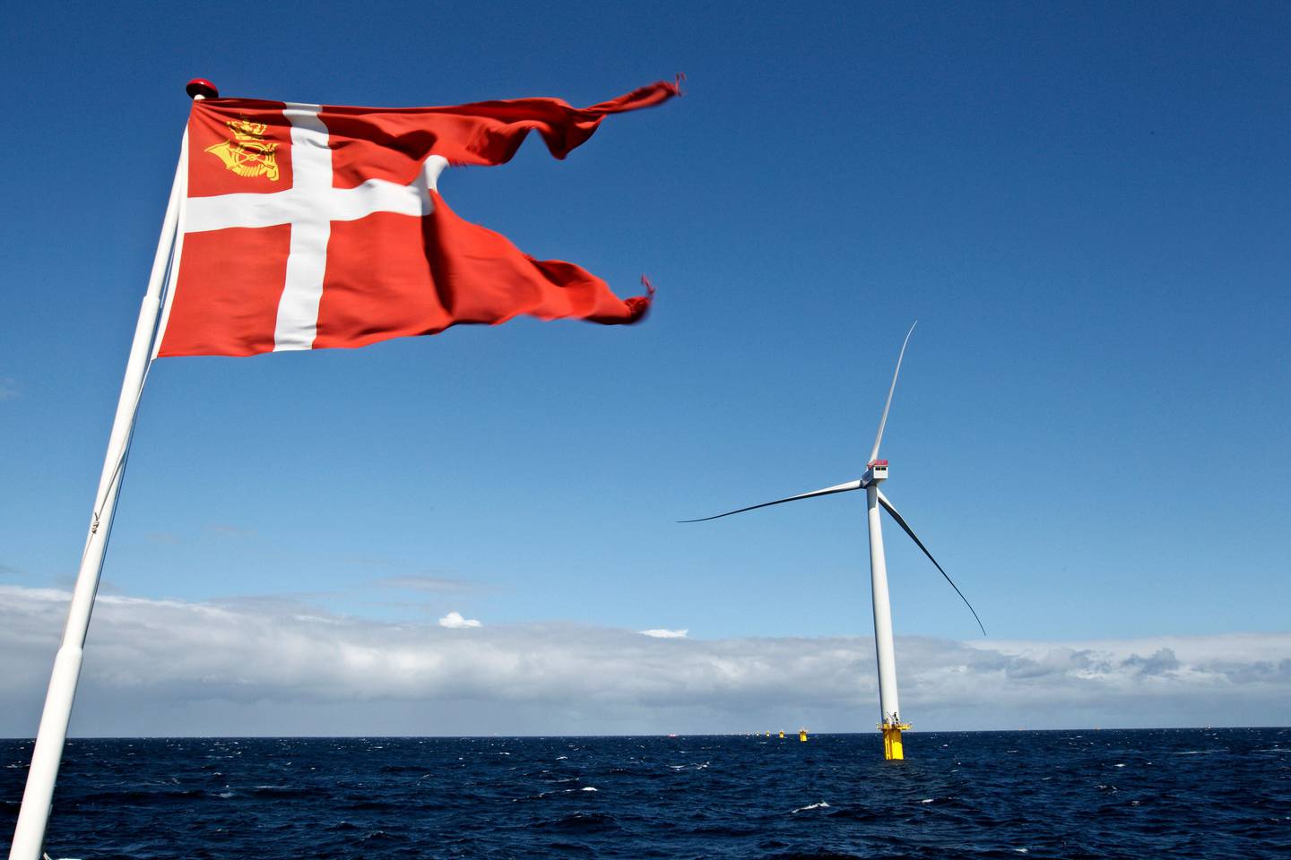 The first mill of Danish Energy Company's (DONG Energy) new Offshore Wind Farm was  presented to the press near the island of Anholt, in the Kattegat Sea, Denmark, between Jutland and Sweden Wednesday Sept. 5. 2012. The company will raise a total of 111 wind turbines, each with a height of 120 meters, within the next year to be completed in 2013. The Wind Farm will get a capacity of 400 MW. (AP Photo / Polfoto /Jens Dresling) DENMARK OUT