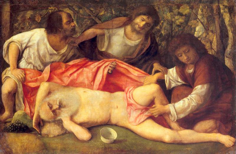 Synden er ikke å drikke seg full, men å sladre til andre. Giovanni Bellini: Noas drukkenskap og hans tre sønner, 1515. Musée des Beaux-Arts, Besançon. (Foto: Wikimedia Commons)