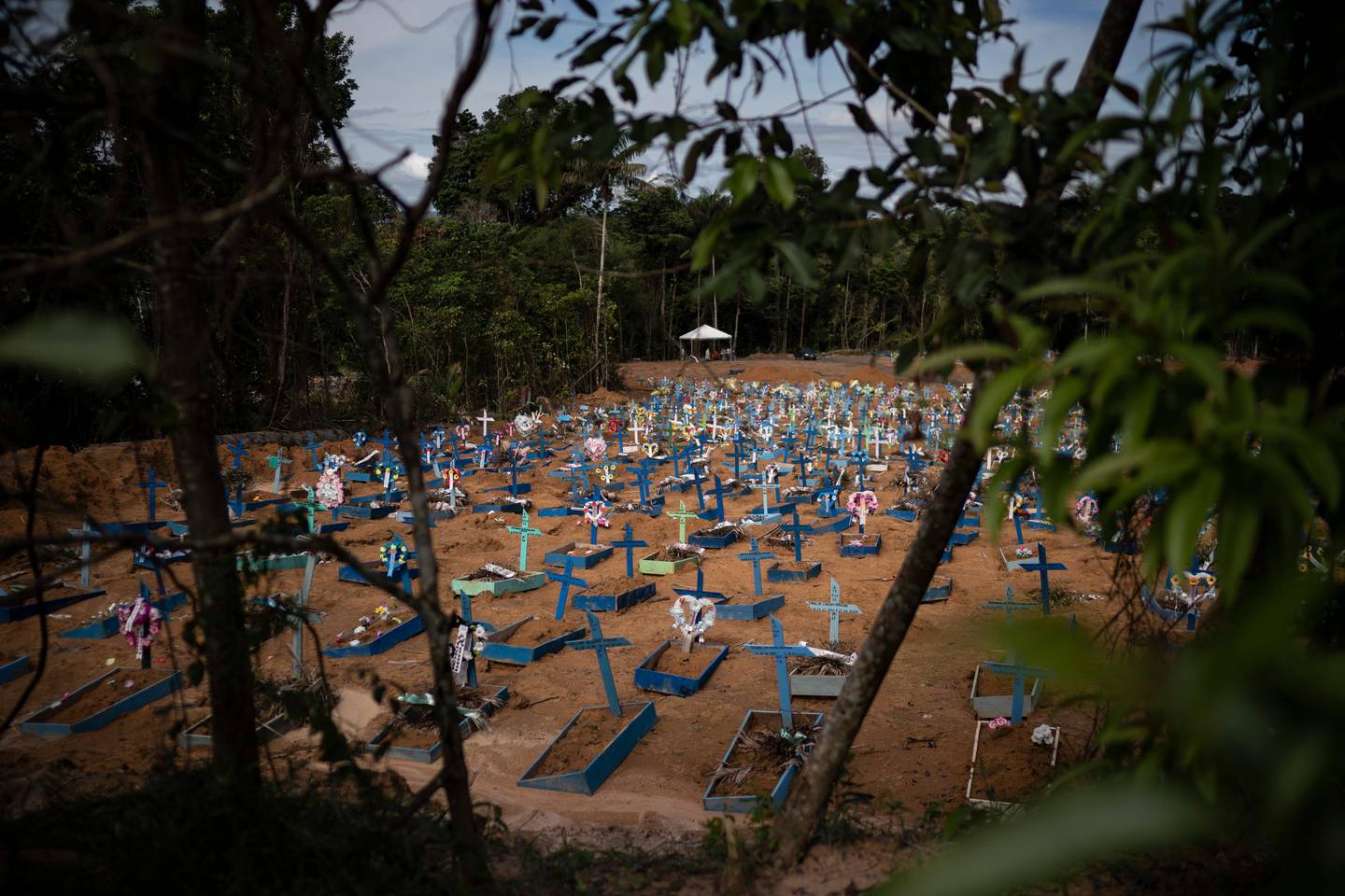 In this May 11, 2020 photo, graves for people who have died in the past month fill a new section of the Nossa Senhora Aparecida cemetery, amid the new coronavirus pandemic, in Manaus, Brazil. Indigenous tribes dwelling up the Solimoes and Negro rivers that merge in Manaus to form the Amazon River tried for weeks to seal their reserves off from the virus, pleading for donations while awaiting government delivery of food assistance so they could remain isolated. It didn't come for many, indigenous advocates said. (AP Photo/Felipe Dana)