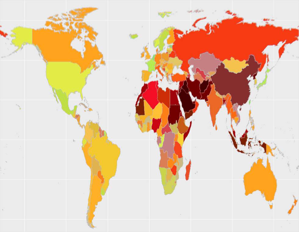 Kartet viser fra grønt til rødt hvor det er best eller verst å være ateist eller livssynshumanist. Mørkegrønt er best, mørkerødt er verst. Oversikten er fra 2017.