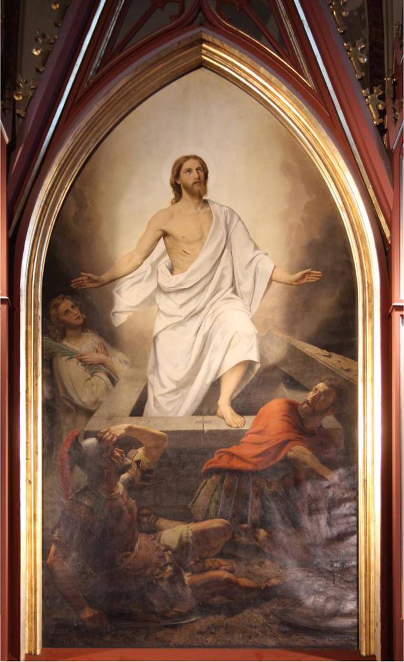 TAVLE: Adolph Tidemanns alter­tavle Kristi oppstandelse, som henger i Bragernes kirke, beskrives som skittent, med flassende maling og bølger i lerretet.