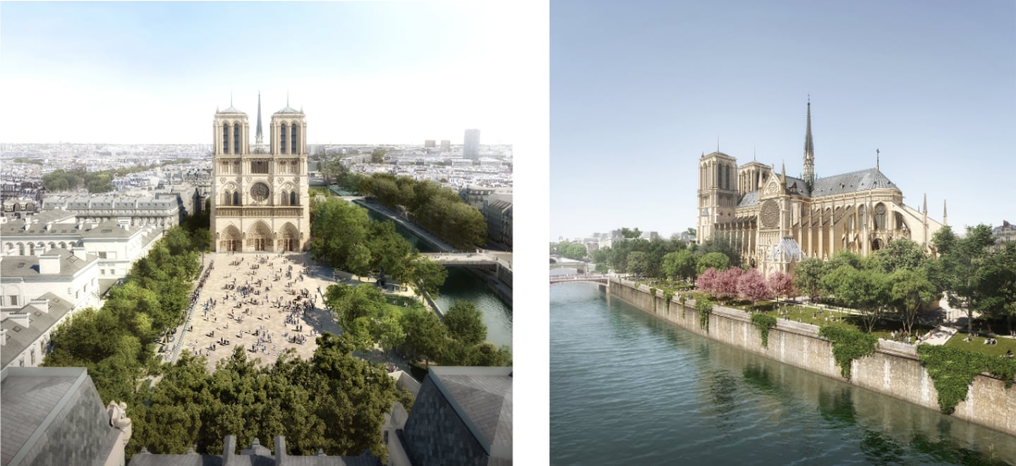 Raderinger av Notre-Dame med uteområde av landskapsarkitekt Bas Smets, vinner av arkitektkonkurransen om kvartelet rundt katedralen.