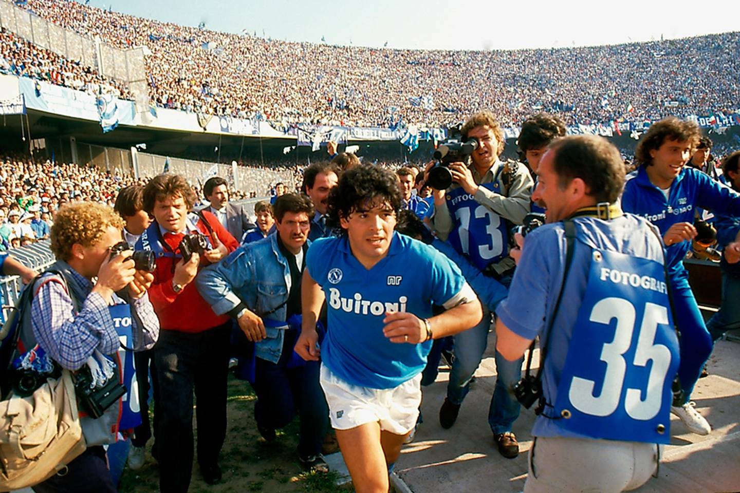 This image released by HBO shows soccer star Diego Maradona in a scene from "Maradona." Constructed from over 500 hours of footage, the documentary centers on the career of celebrated football player Maradona, who played for S.S.C. Napoli in the 1980s. (HBO via AP)