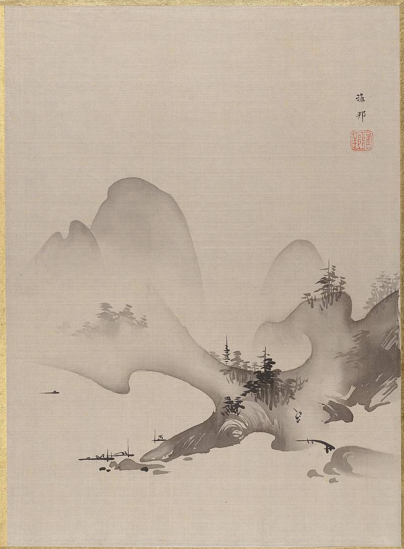 http://www.metmuseum.org/art/collection/search/54677 Artist: Hashimoto Gaho, Japanese, 1835?1908, Lake and Mountains, ca. 1885?89, Album leaf; ink and color on silk, Image: 14 1/4 ? 10 3/8 in. (36.2 ? 26.4 cm)
Mat: 22 7/8 ? 15 1/2 in. (58.1 ? 39.4 cm). The Metropolitan Museum of Art, New York. Charles Stewart Smith Collection, Gift of Mrs. Charles Stewart Smith, Charles Stewart Smith Jr., and Howard Caswell Smith, in memory of Charles Stewart Smith, 1914 (14.76.61.47)