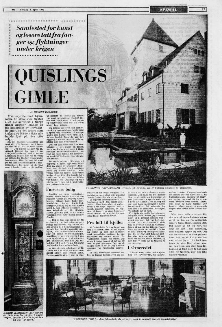 URET: Watchmans engelske gulvur ble avbildet i en VG-reportasje om Quislings hjem 1970. Reportasjen var et av de første forsøkene på å ta opp uretten som var begått mot jødene.