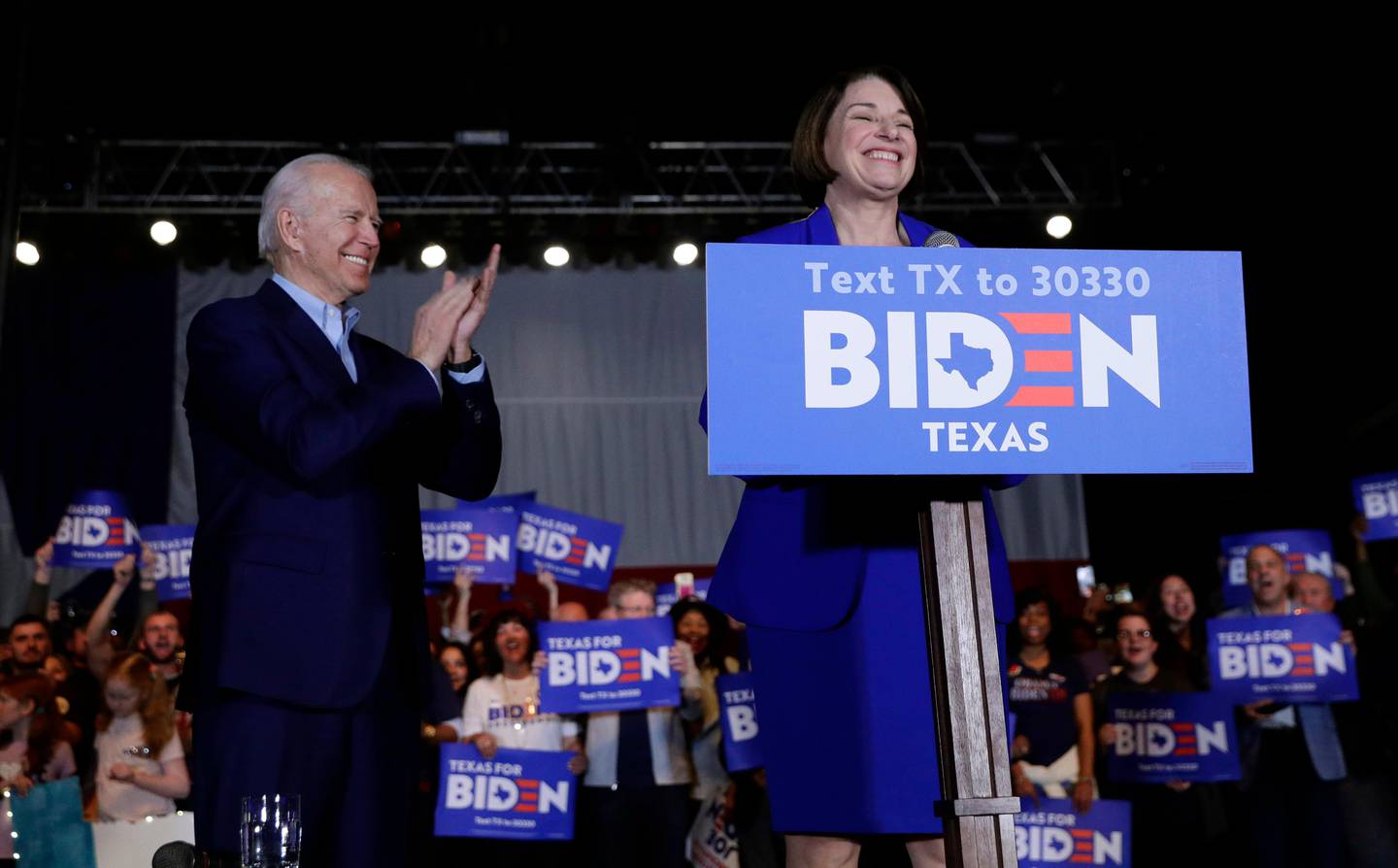 Sen. Amy Klobuchar, D-Minn., endorses Democratic presidential candidate former Vice President Joe Biden at a campaign rally Monday, March 2, 2020 in Dallas. (AP Photo/Eric Gay)
